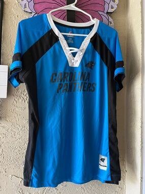 Carolina Panthers Women's Lace-Up V-Neck Tee - Blue & Black